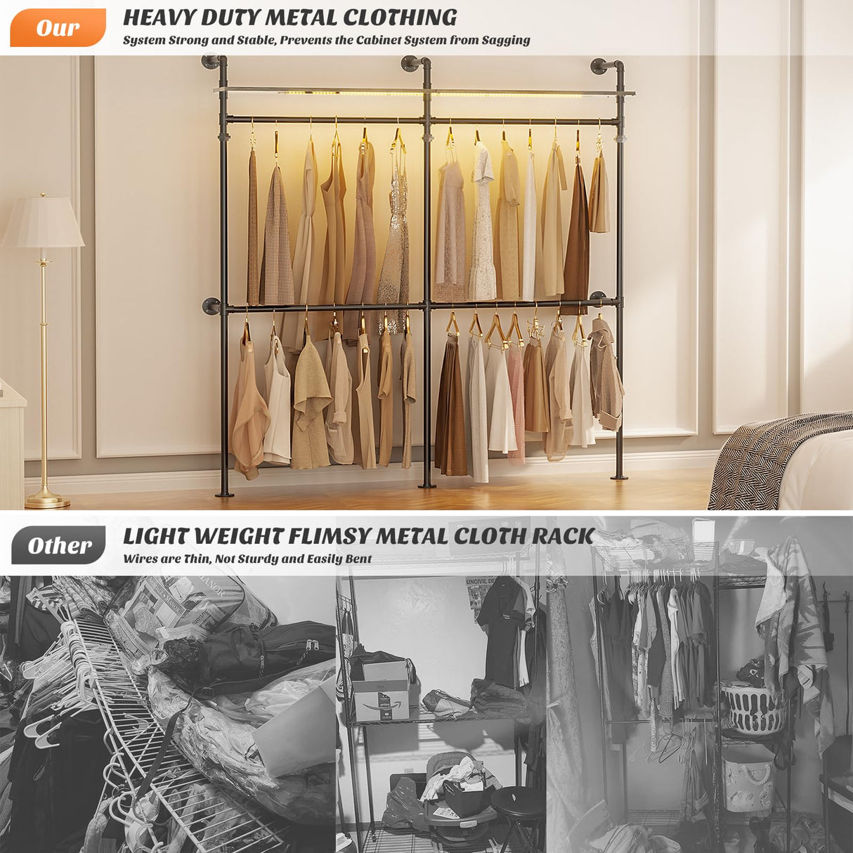 Aheaplus Industrial Pipe Clothing Rack, Reversible 79.7'' Clothes Rack for Hanging Clothes, Heavy Duty Garment Rack Closet Wardrobe Rack with LED Lights& Shelves, Walk-in Closet System, Black Oak Aheaplus