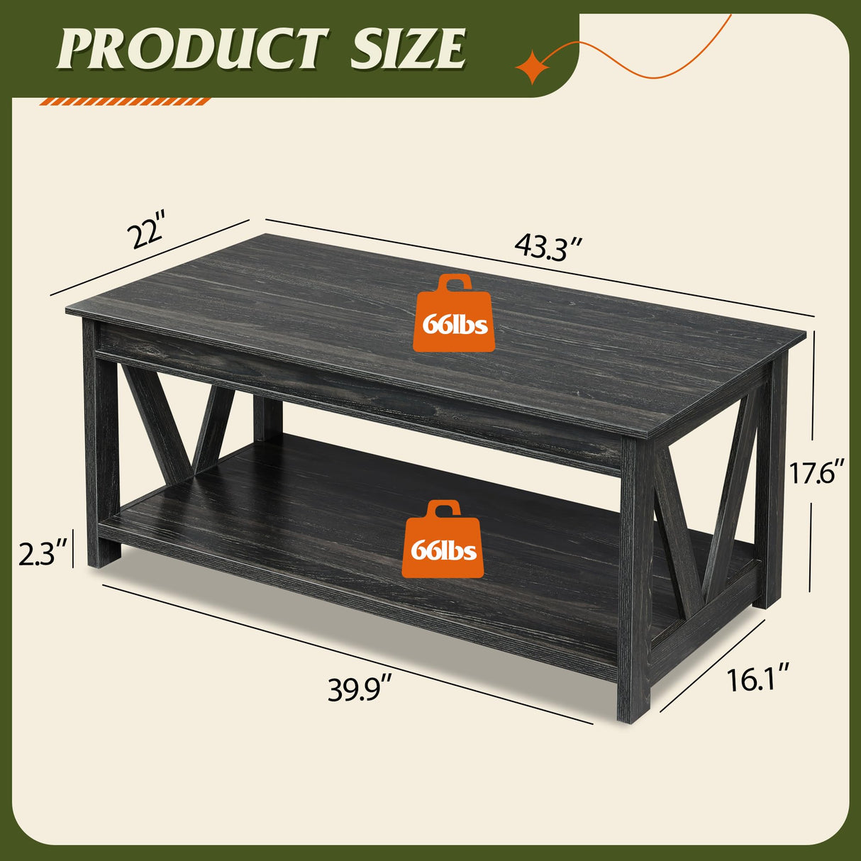 WLIVE Coffee Table, 43" Living Room Coffee Table with Storage Shelf, Center Table for Living Room, Bedroom, Office and Balcony, Black WLIVE