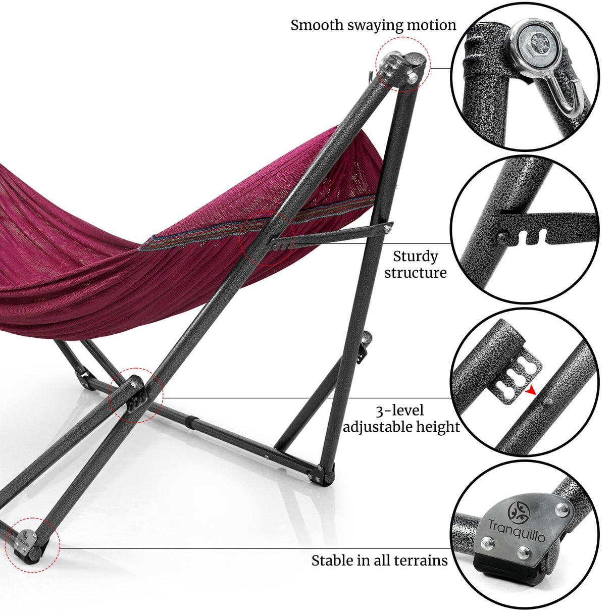 Tranquillo Double Hammock with Stand Included for 2 Persons/Foldable Hammock Stand 600 lbs Capacity Portable Case - Inhouse, Outdoor, Camping, Red Tranquillo