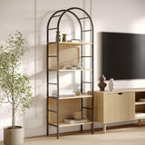 Stead 4-Tiered Arched Book Shelf - Light Oak & Natural Rattan, Metal Frame - Industrial Arched Bookcase & Fluted Bookshelf Stead
