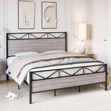GAOMON Light Gray Woodgrain Metal Platform Bed Frame with Extra Storage and Noise-Free Assembly GAOMON