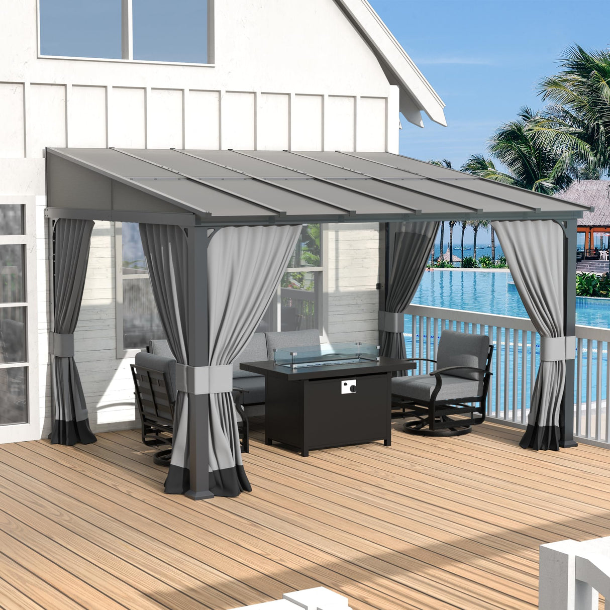 Kurapika 10’ x 12’ Gazebo, Wall Mount Gazebo Outdoor Pergola, Hardtop Lean to Gazebo Canopy Awnings with Sloped Roof and Sturdy Steel Frame, for Patio, Porch, Deck, Backyard(Grey) Kurapika