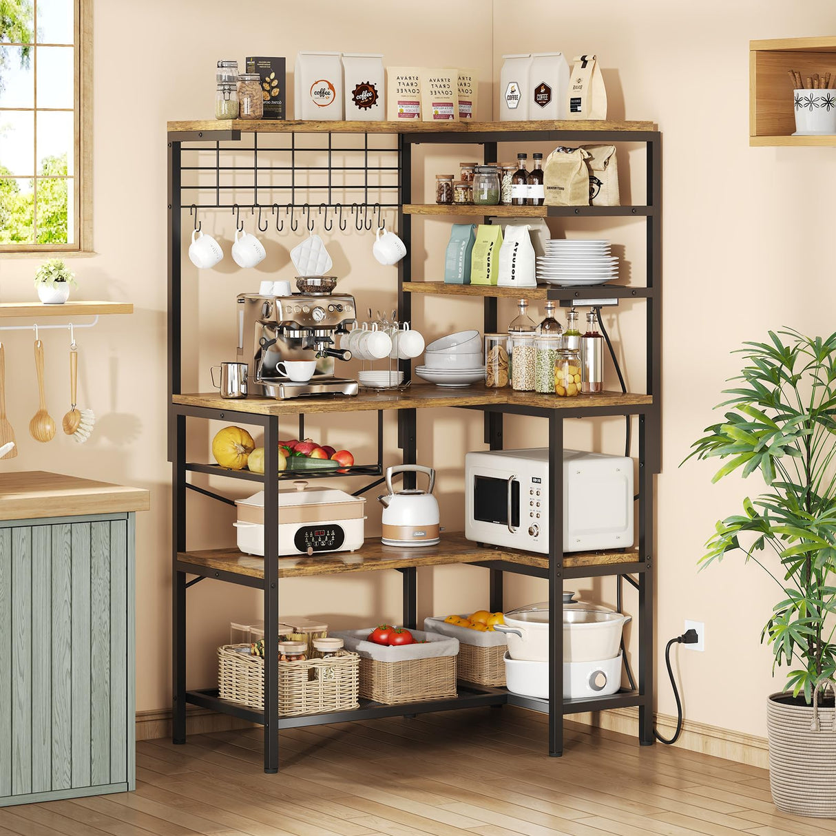 iabifo L-Shaped Bakers Rack with Power Outlet, 6-Tier Microwave Stand with Open Storage, Coffee Bar with Hooks, Mesh Grid, Kitchen Shelf with Wire Basket, Rustic Brown and Black iabifo