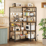 iabifo L-Shaped Bakers Rack with Power Outlet, 6-Tier Microwave Stand with Open Storage, Coffee Bar with Hooks, Mesh Grid, Kitchen Shelf with Wire Basket, Rustic Brown and Black iabifo