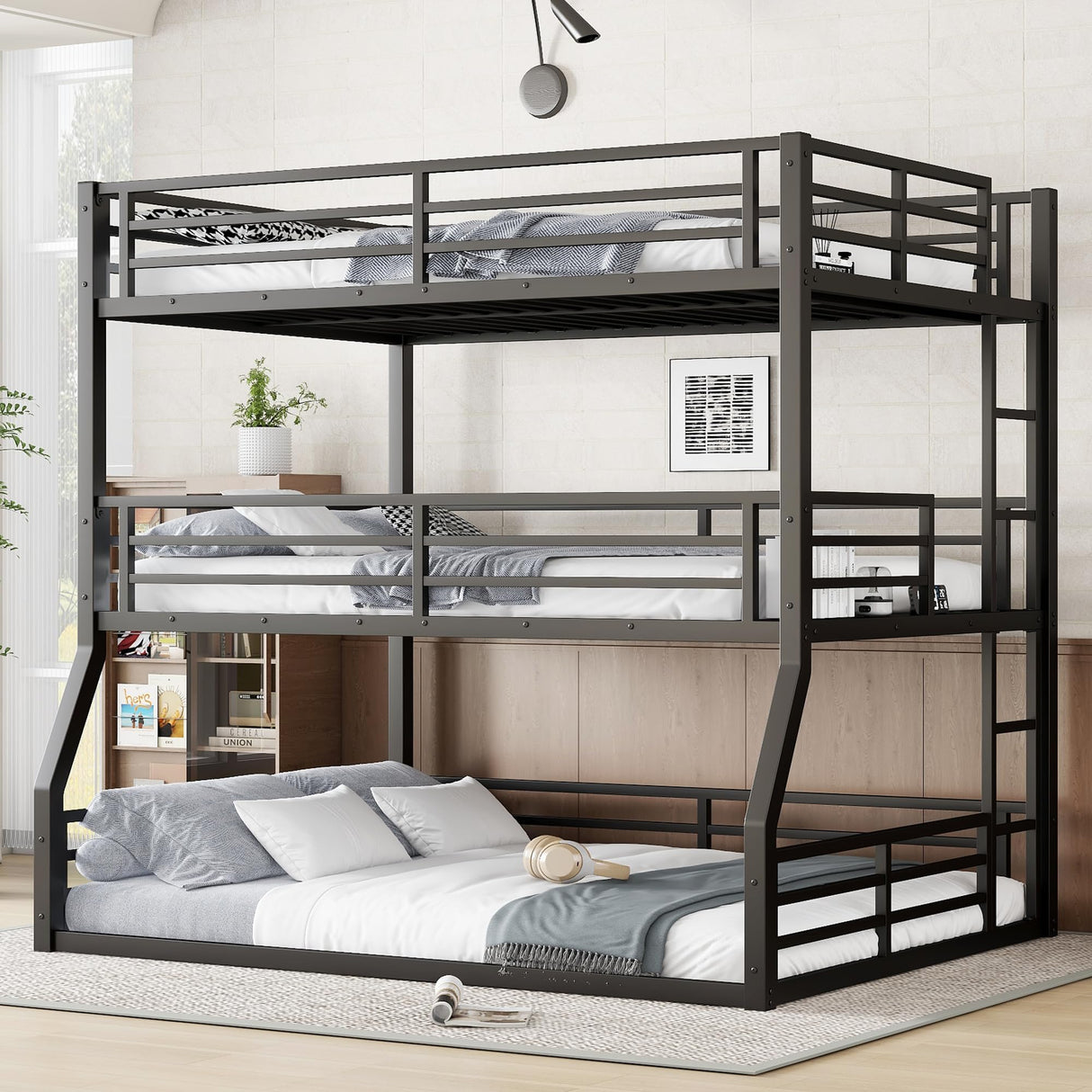 Bellemave Heavy Duty Triple Bunk Bed for Multiple Kids,Full Over Full Over Queen Size Bunk Beds with Storage Board for 3 Kids,Metal Triple Bed for Boys Girls,Black Bellemave