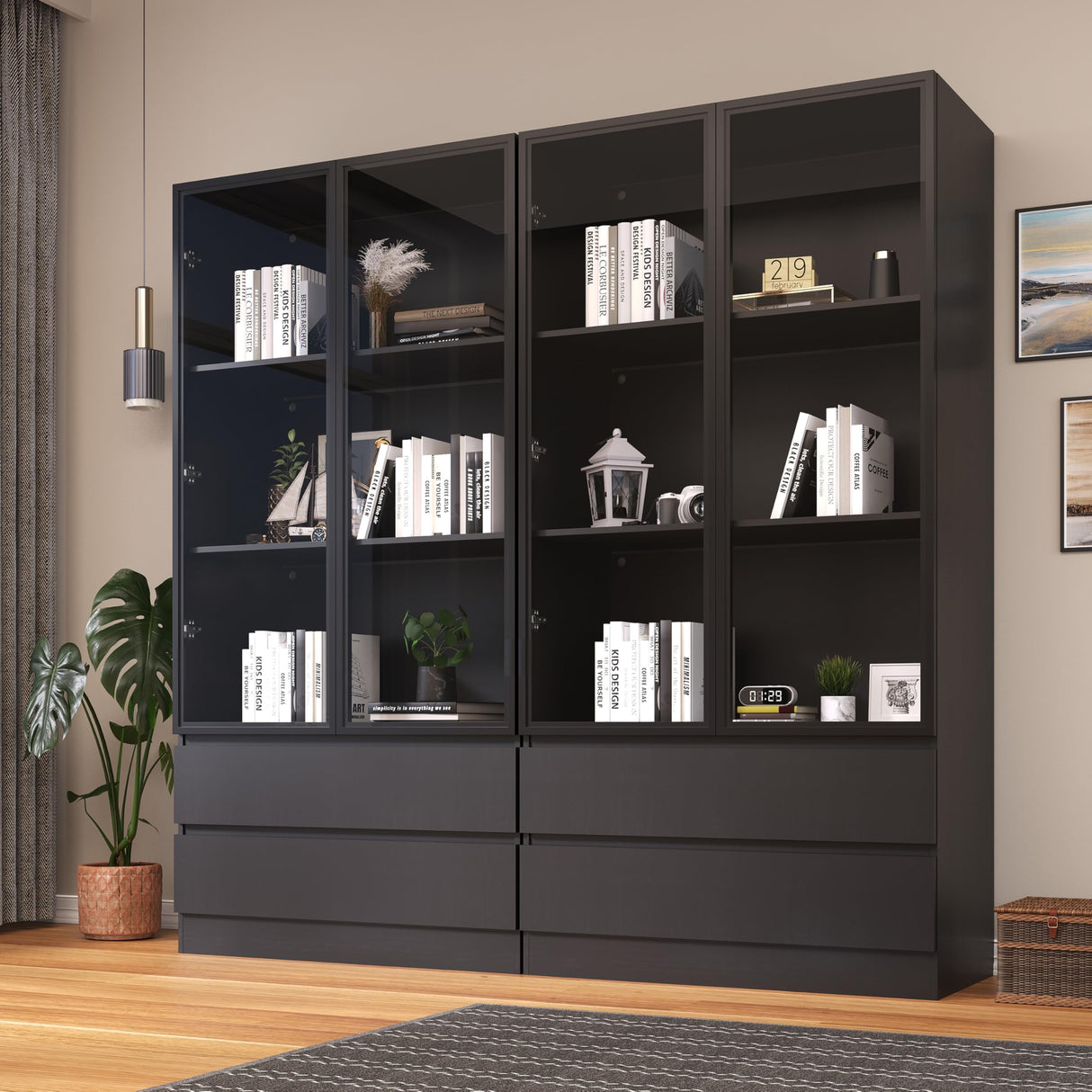 Wildhome Display Cabinet with Glass Doors & 2 Drawers,LED Lights Glass Display Case,Showcase for Collections, Curio Cabinets, Bookcase and Glassdoor Display Cabinet(Black- 2 Drawers) Wildhome