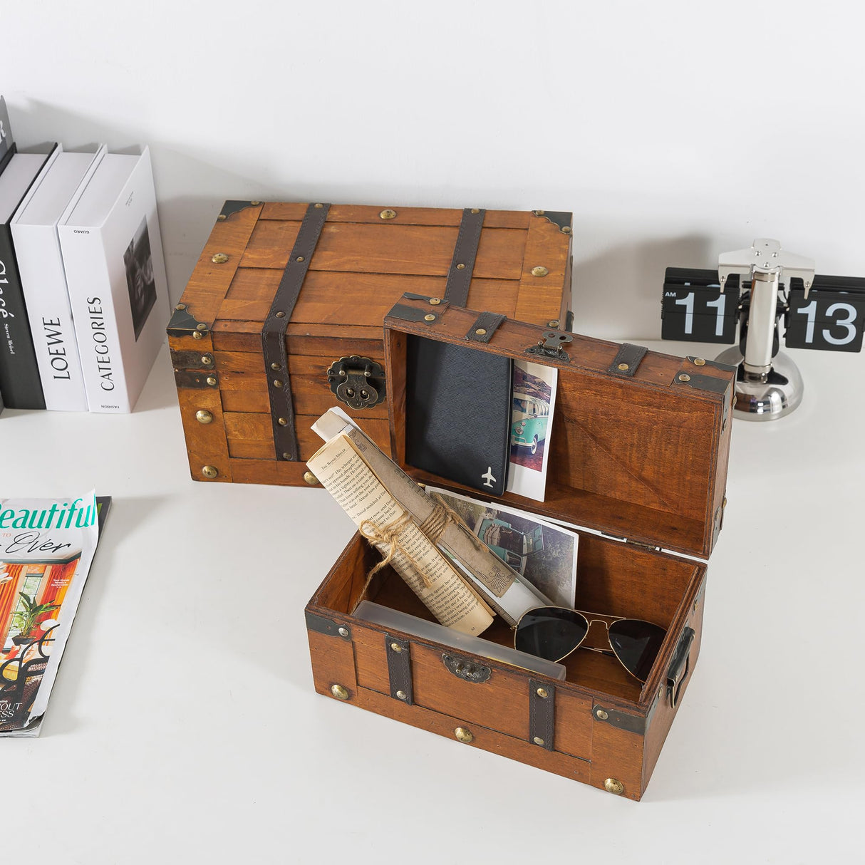 SLPR Alexander Wooden Treasure Chests - Set of 2, Antique Storage Trunks, Decorative Wood Storage Boxes with Hinged Lids for Keepsakes and Home Décor SLPR