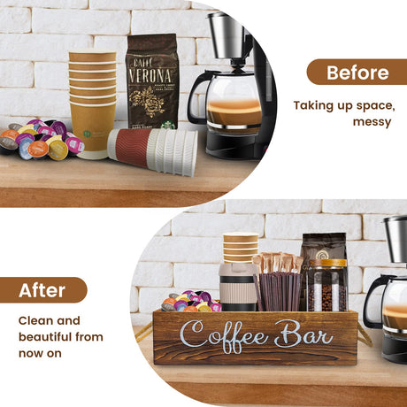 QUALLON Coffee Station Organizer with Small Removable Dividers, Wooden Coffee Bar Accessories Storage For Countertop, Farmhouse Kcup Coffee Pod Holder Basket With Handle For Coffee Lover QUALLON