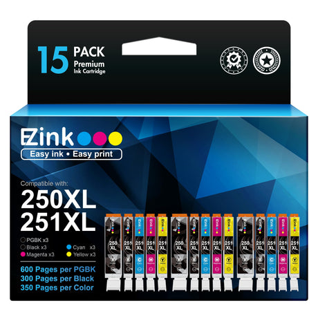 E-Z Ink Compatible Ink Cartridges Replacement for Canon 250 251 XL PGI-250XL CLI-251XL to use with PIXMA MX922 MX920 IX6820 MG5520 MG7520 IP8720 MG6620 MG6320 MG7120 (15 Pack) E-Z Ink