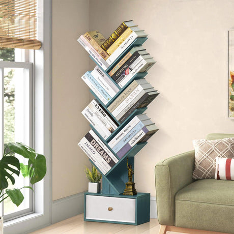 SHEEPAM 8-Tier Navy Blue Tree Bookshelf with Drawer - Stylish Storage Organizer for Small Spaces SHEEPAM