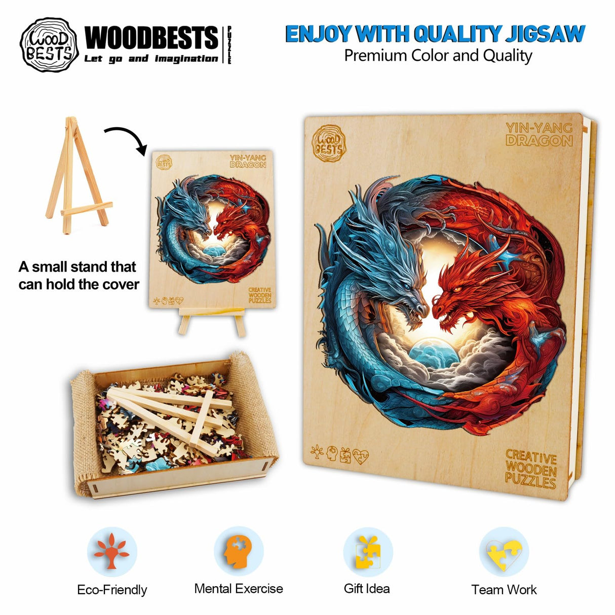 WOODBESTS Wooden Puzzle for Adults, Yin-Yang Dragon Puzzle (M, 200pcs, 11.3"x10.9") Beautiful Wooden Box, Wooden Jigsaw Puzzles Unique Shape, Birthday Gifts for Adults and Kids Family Game WOODBESTS