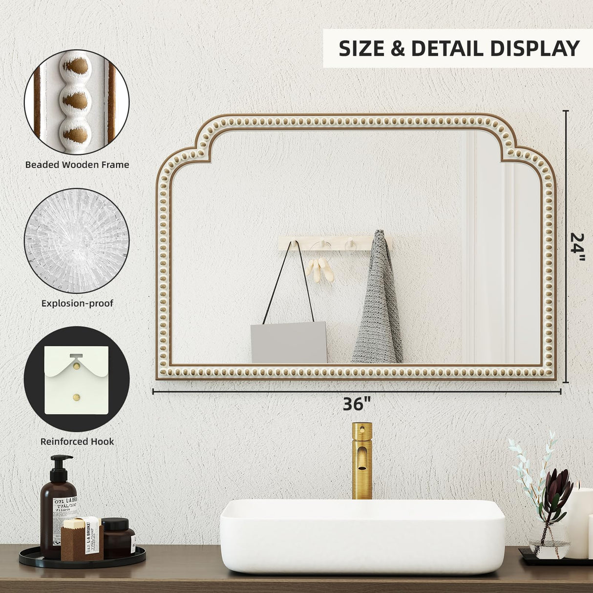 36''x24'' Farmhouse Wood Decorative Wall Mirrors with Beads, Boho Large Wide Arch Mirror for Living Room, Bedroom, Entryway, Fireplace HOITUZYUS