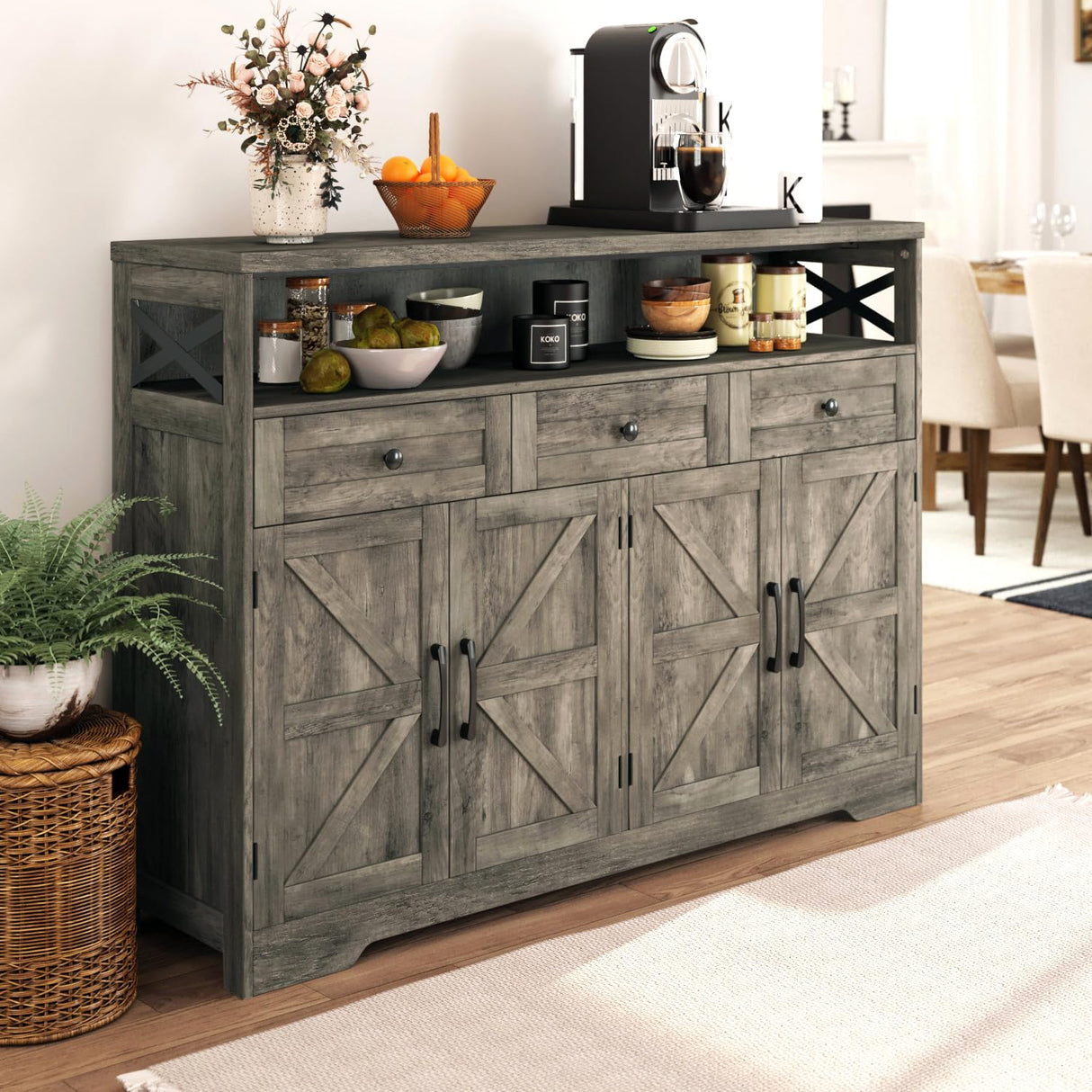 Befrases Farmhouse Buffet Cabinet with Drawers, Sideboard with Storage, Kitchen Pantry Cabinet Hutch, Wood Coffee Bar Station Cabinet for Kitchen, Dining Room, Livingroom, 52" L Rustic Grey Befrases