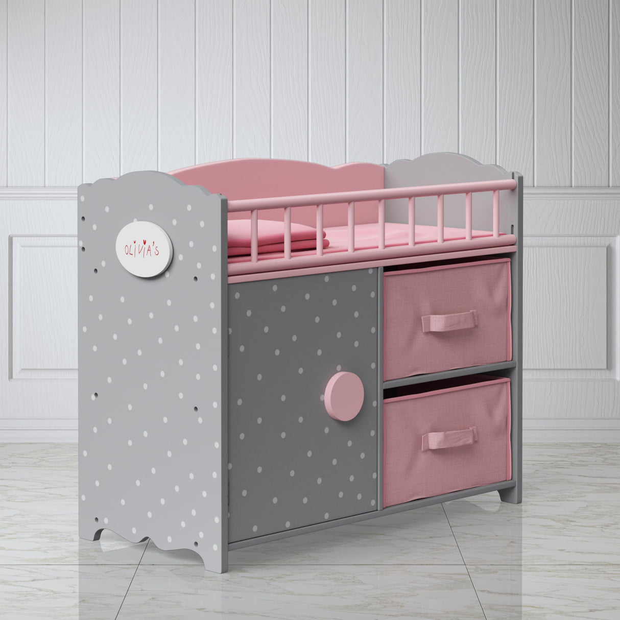 Olivia's Little World Wooden Baby Doll Crib with a Cabinet and Two Cubbies for Doll Accessory Storage Underneath, Pink and Gray and White Polka Dots Olivia's Little World