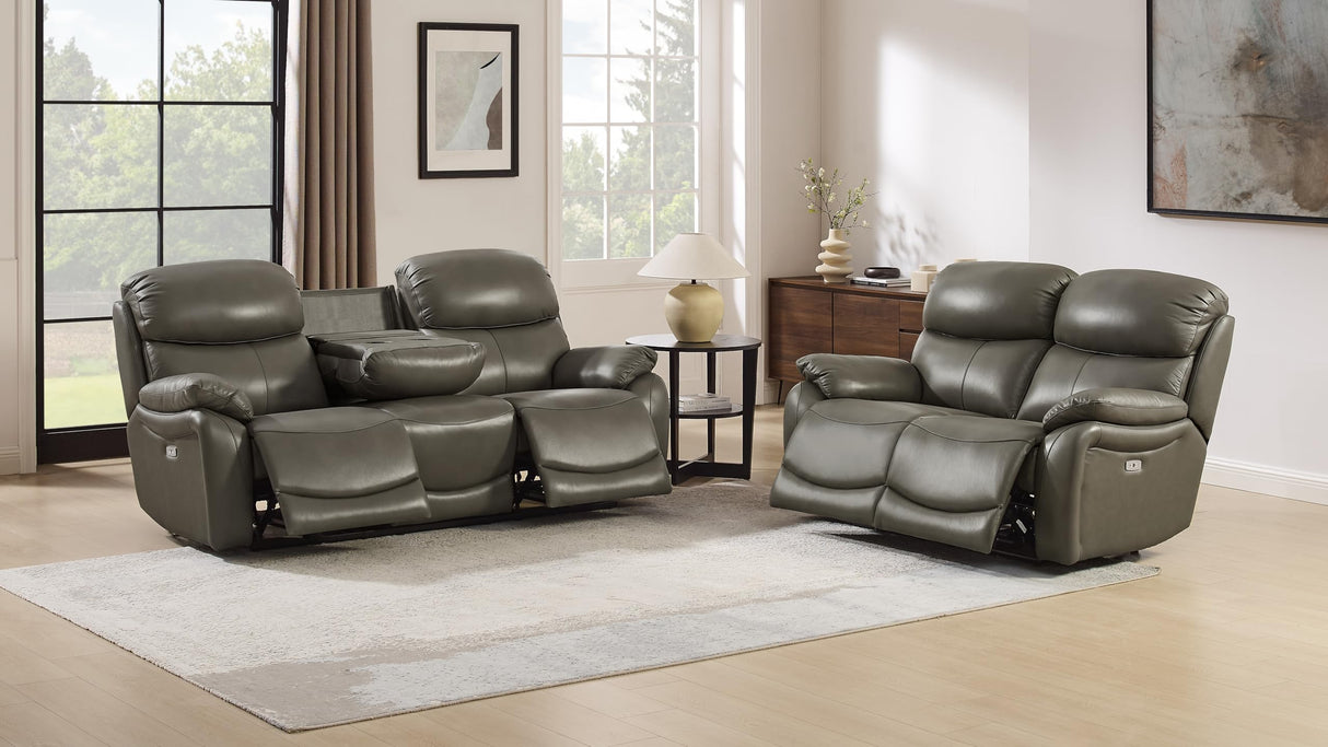 THSUPER Power Genuine Leather Recliner Sofa Couch with USB Port, Reclining Sofas Living Room Furniture, 3-Seats Couches with Cup Holders, Grey THSUPER
