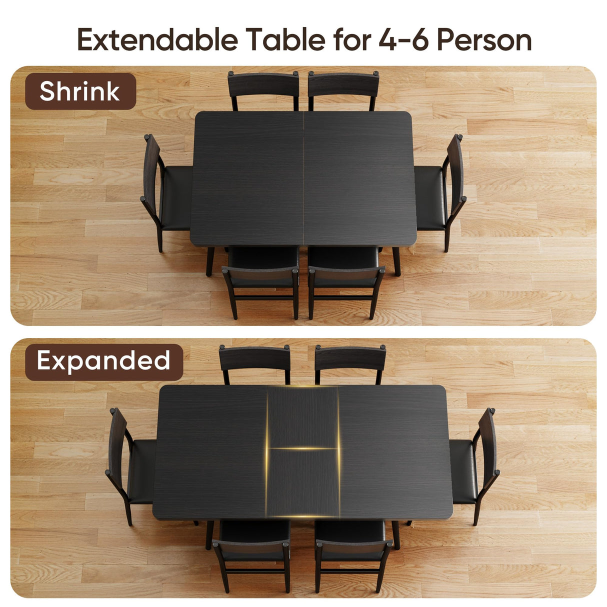 Ahomly 7-Piece Extendable Dining Table Set with 6 Padded Chairs, 63" Dining Table Set for 4-6, Kitchen Table Set with MDF Board & Metal Frame, for Small Space, Kitchen, Apartment, Black Ahomly