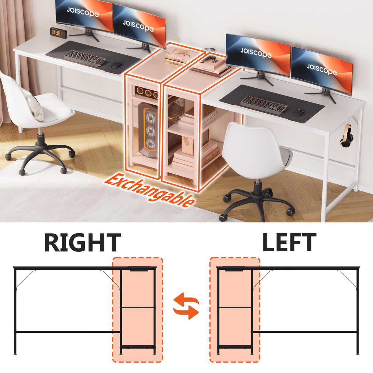 JOISCOPE Home Office Desk with Double Reversible Side Shelves and Headphone Hooks, Computer Desk for Working, Gaming, Studying, 55 inches, White JOISCOPE