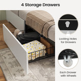 AOGLLATI Farmhouse Queen Bed Frame with 4 Storage Drawers and Led Lights, Wooden Bed Frame Queen Size with Hidden Space Bookcase Headboard and Led Lights & Metal Slats, White AOGLLATI