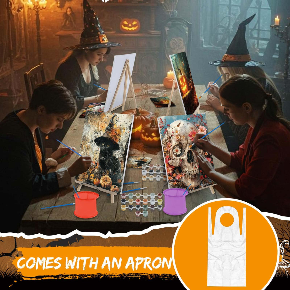 Gersoniel 6 Sets Halloween Paint by Numbers Kit for Adults, 16x12 Inch Ghost Pumpkin Sip and Paint for Beginners, Pre Drawn Oil Painting on Canvas, DIY Painting Kit Bulk Gifts for Halloween Gersoniel