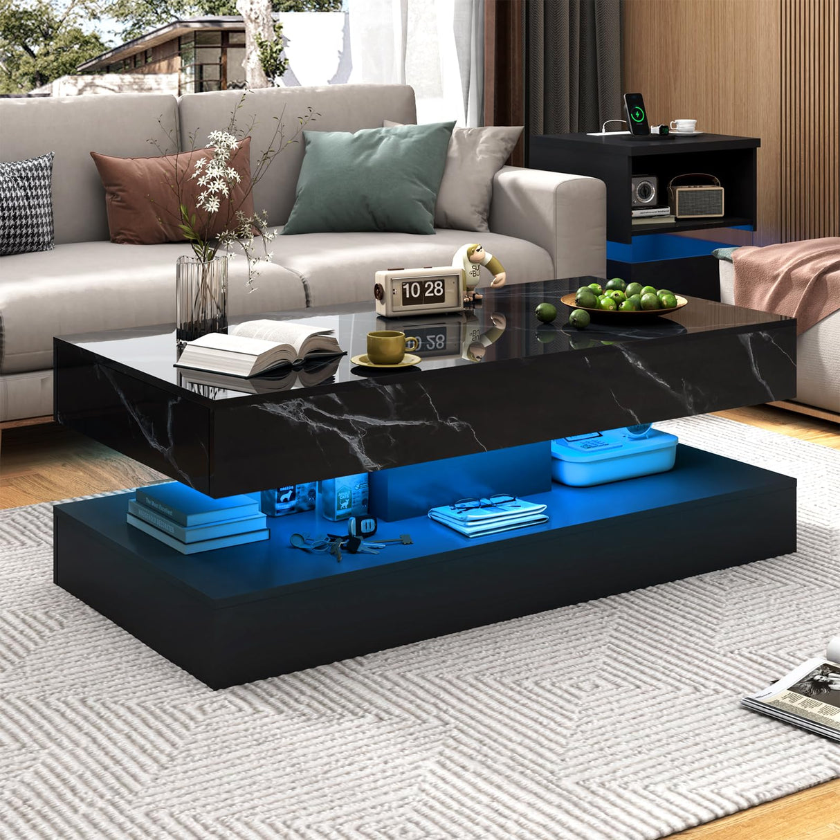 chartustriable 47inch Large High-Glossy LED Coffee Table with 2 Sliding Drawers, Living Room Storage Tables with Marbling Print, Modern Stylish Double-Layer Center Tables w/LED Lights, Black chartustriable