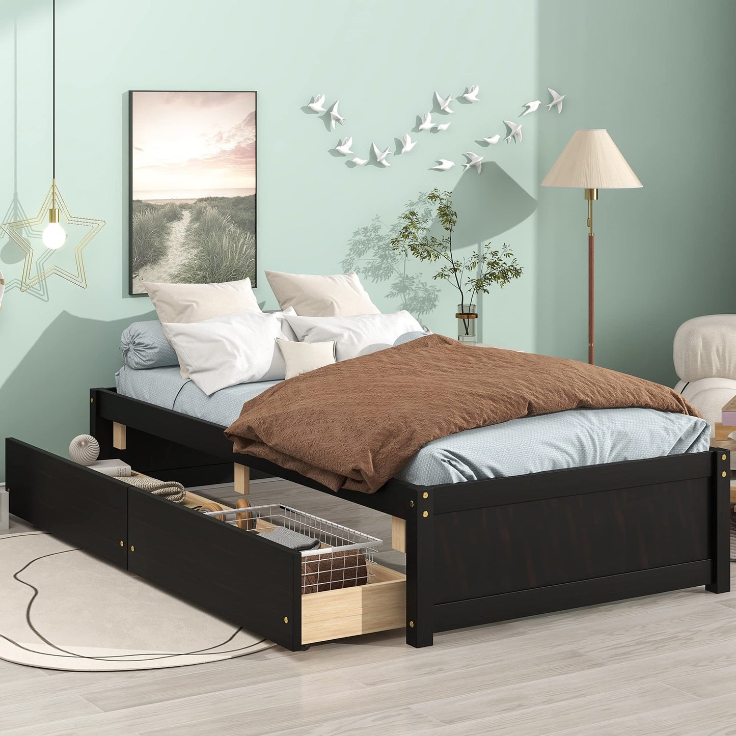 Dolonm Twin Size Solid Wood Platform Bed Frame with 2 Storage Drawers - Espresso Finish - WoodArtSupply