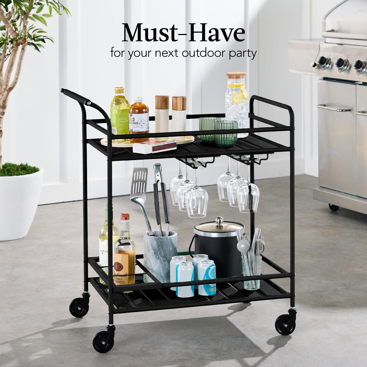 Best Choice Products Outdoor Mobile Patio Bar Cart, Home Bar Serving Cart, BBQ Side Table w/ 2 Tier Storage, Wine Rack, Lockable Wheels - Black Best Choice Products
