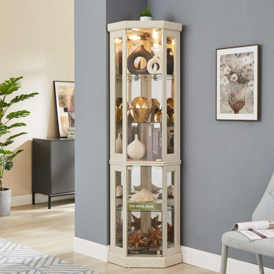 KavlSean 70" H Corner Curio Cabinet, Lighted Glass Display Cabinet with Elegant Tempered Glass Door, Adjustable Shelve, China Cabinet with Light Bulb, Mirrored Back Panel for Living Room (White)