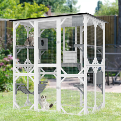 Large Wooden Catio, Outdoor Cat Enclosures for Multi Cats, 3-Tier Cat House with Swing, Resting Box, Cat Ball, Walk-in Cat Condo with Waterproof Roof, 64.9" L x 33.9" W x 69.6" H