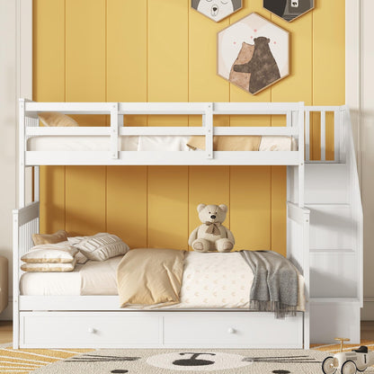 Stairway Twin Over Full Bunk Bed with Trundle and Storage Shelves in White by Harper & Bright Designs - WoodArtSupply