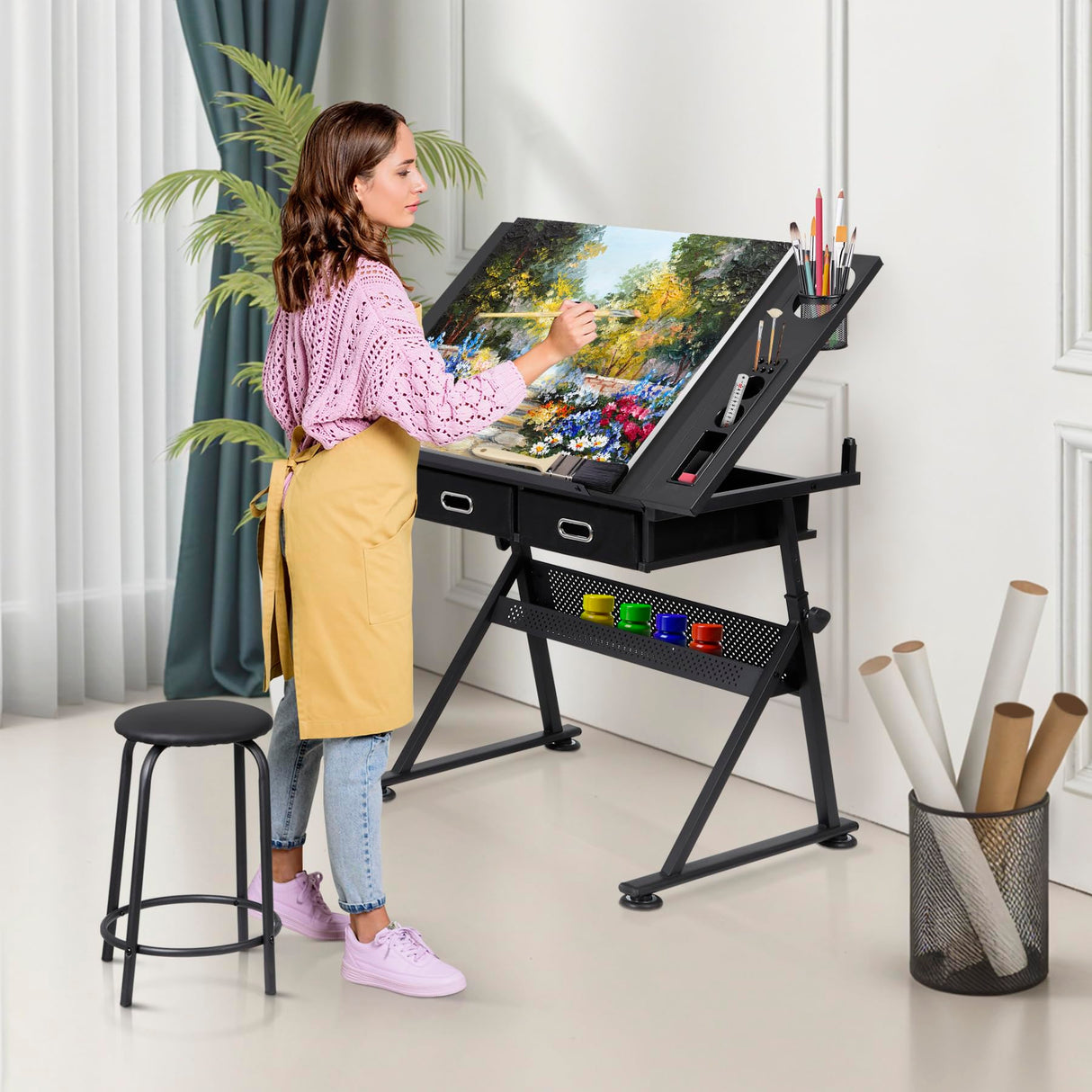 ZENY Adjustable Drafting Table with Stool, Tilting Drawing Desk Artist Table with Storage Drawers, Art Craft Workstation for Home Office Reading, Writing, Crafting ZENY