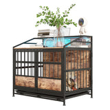 Maliacife Dog Crate Furniture with Led Lights,Heavy Duty Wooden Dog Kennel with Double Doors,Dog House Indoor for Small Medium Dogs,End Table with Shelves,Black and Brown(34.65" L×24.02W×31.5" H) Maliacife