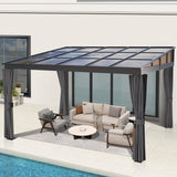 QZEN 10' x 13' Hardtop Lean to Gazebo, Wall Mounted Gazebo with Sloping Polycarbonate Roof and Netting & Curtain, Aluminum Frame Gazebo for Garden, Lawn, Backyard Deck (10’x13’) QZEN