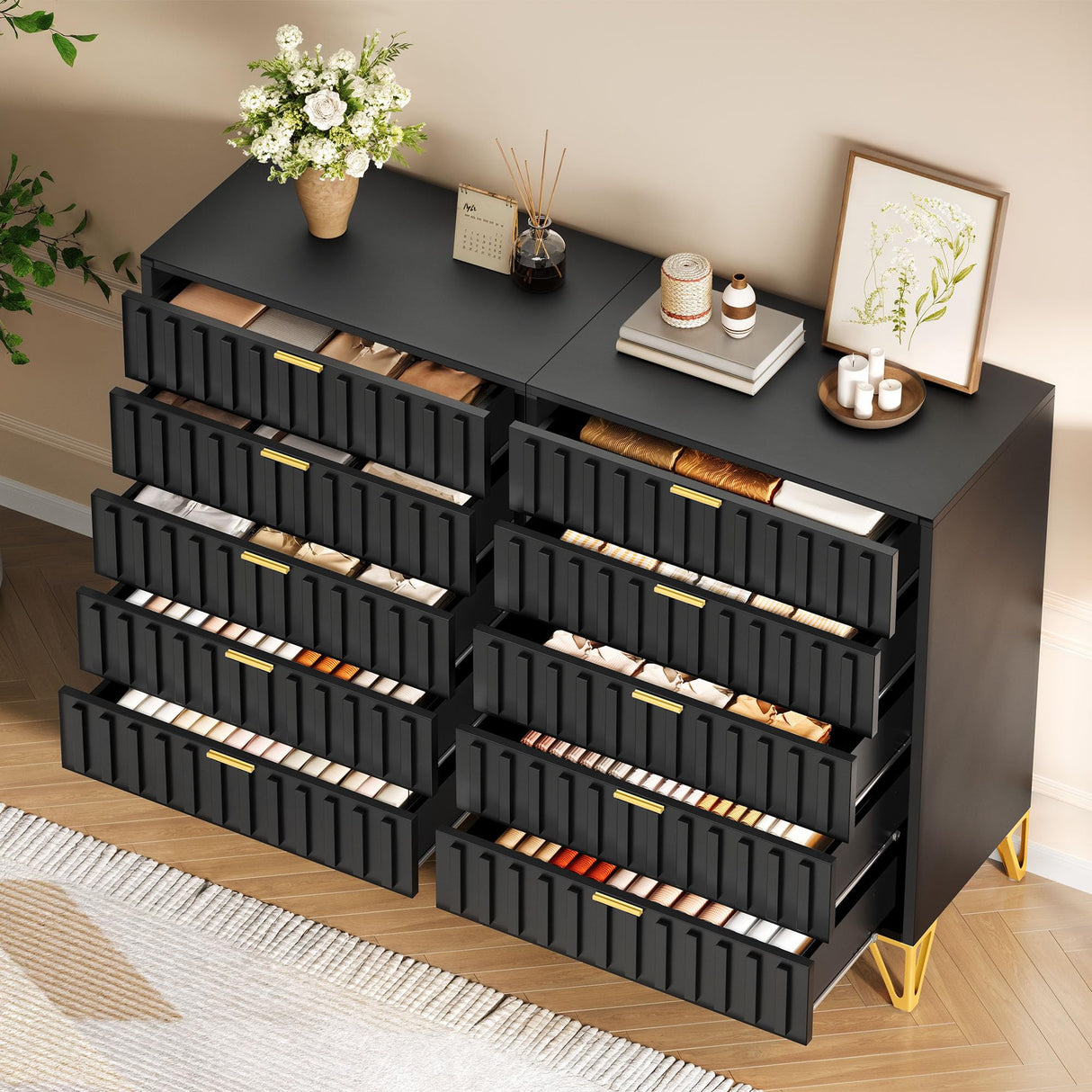 YITAHOME Fluted Dressers, 5 Drawer Dressers & Chests of Drawers, Metal Modern Dresser for Room, Entryway, Hallway, Black YITAHOME