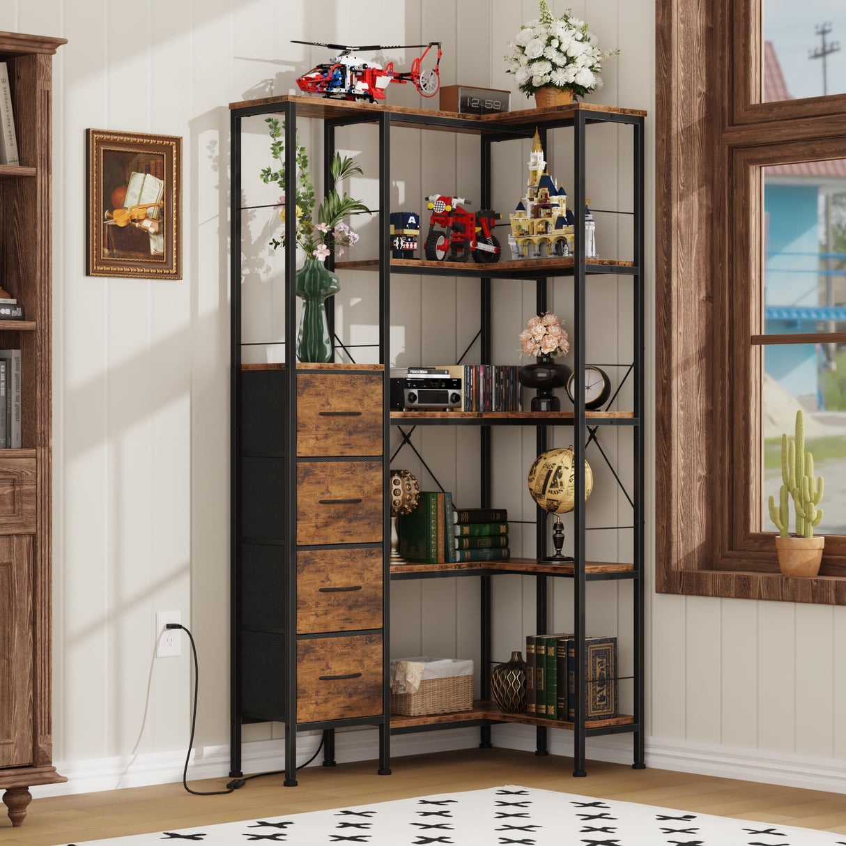 AFLUI Corner Bookshelf with LED Light Strips & 4 Fabric Drawers, 5-Tier Convertible Corner Shelf with Display Shelf, Large Wood Industrial Bookcase for Living Room, Bedroom, Home Office, Rustic Brown AFLUI