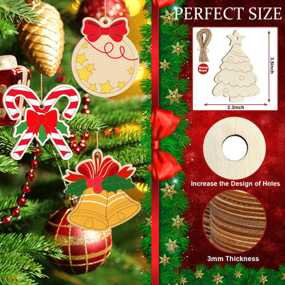 80PCS Wooden Christmas Ornaments to Paint, 8 Styles DIY Blank Unfinished Wood Reindeer Santa Claus Christmas Tree Ball Snowman Snowflake Angel Cutouts Ornament for Crafts Winter Hanging Decorations