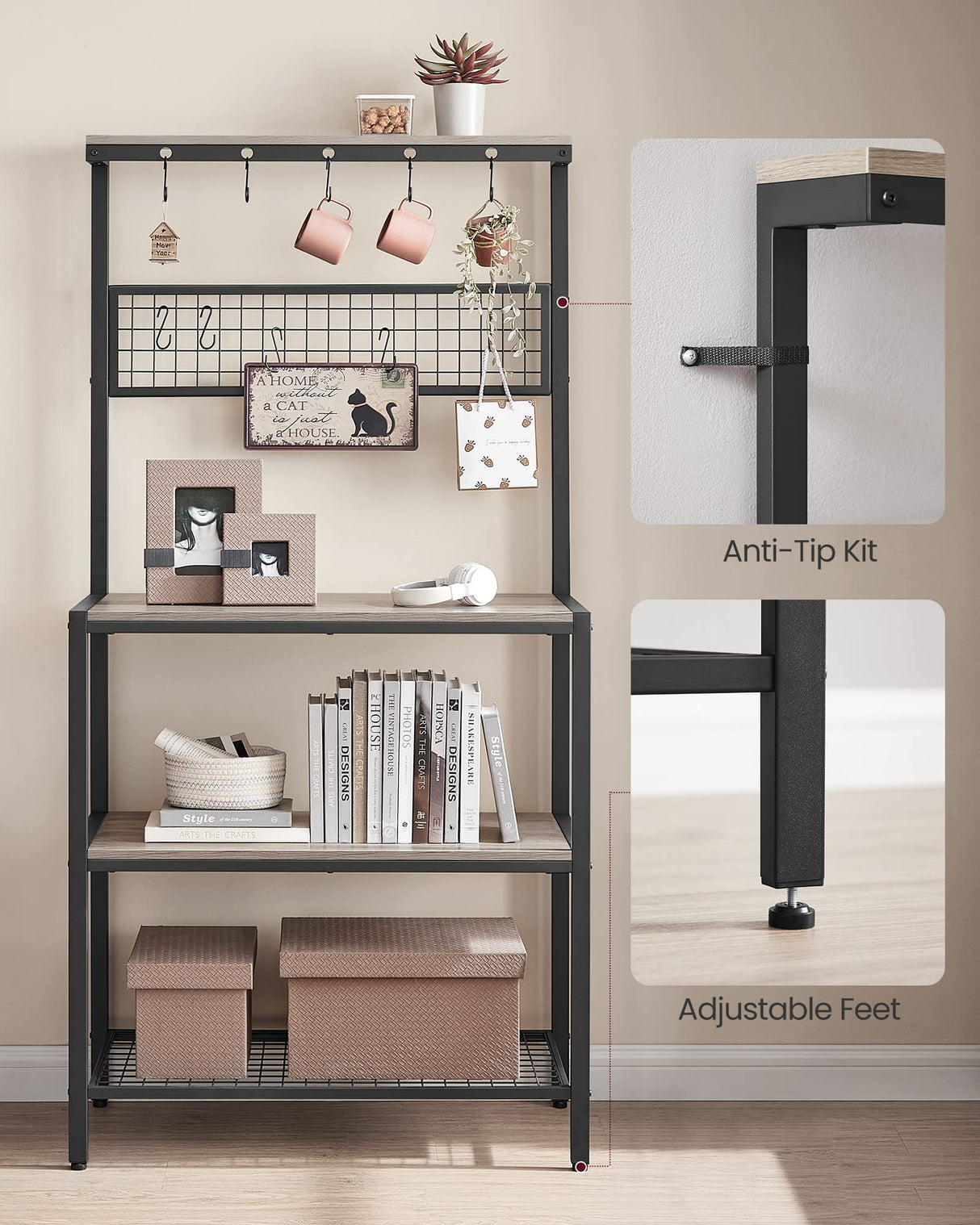 VASAGLE Bakers Rack, Coffee Bar, Kitchen Storage Shelf Rack with 10 Hooks, 3 Shelves, Adjustable Feet, for Microwave Oven, 15.7 x 33.1 x 66.9 Inches, Industrial, Greige and Black UKKS017B02 VASAGLE