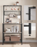VASAGLE Bakers Rack, Coffee Bar, Kitchen Storage Shelf Rack with 10 Hooks, 3 Shelves, Adjustable Feet, for Microwave Oven, 15.7 x 33.1 x 66.9 Inches, Industrial, Greige and Black UKKS017B02 VASAGLE