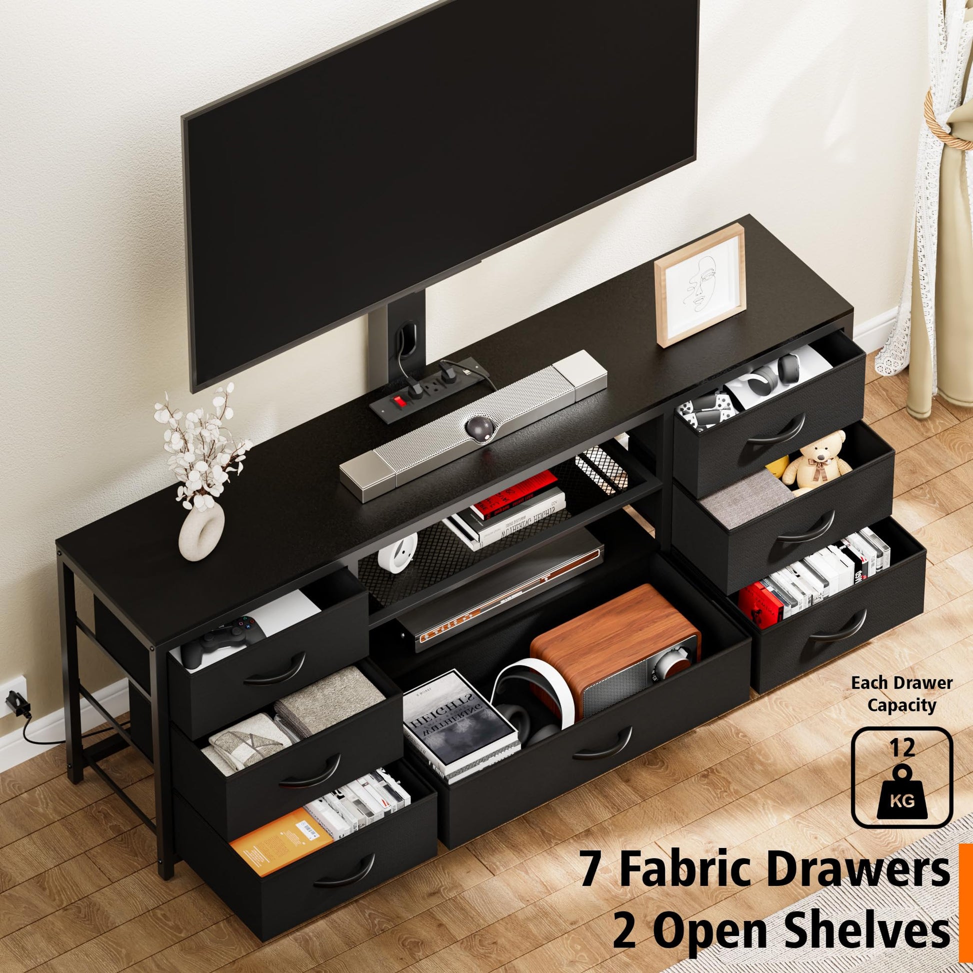 TV Stand with Mount and 7 Fabric Drawers, Led Entertainment Center with Power Outlets for 32 45 55 60 65 70 inch TVs, Black Dresser with Open Shelves Media Console Cabinet for Living Room Bed - WoodArtSupply