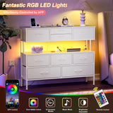REAHOME Dresser TV Stand with Charging Station and LED Lights, 55” TV Stand with 9 Drawers, Fabric Dresser for Bedroom, Steel Frame, Large Storage Chest of Drawers for Closet, Living Room, White REAHOME