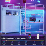 ADORNEVE Loft Bed Full Size with Desk and 8 Storage Drawers, LED Metal Loft Bed with Power Outlet, 2 Shelves & Clothing Rack, Bed with Safety Guardrail & Ladder,Space-Saving, White ADORNEVE