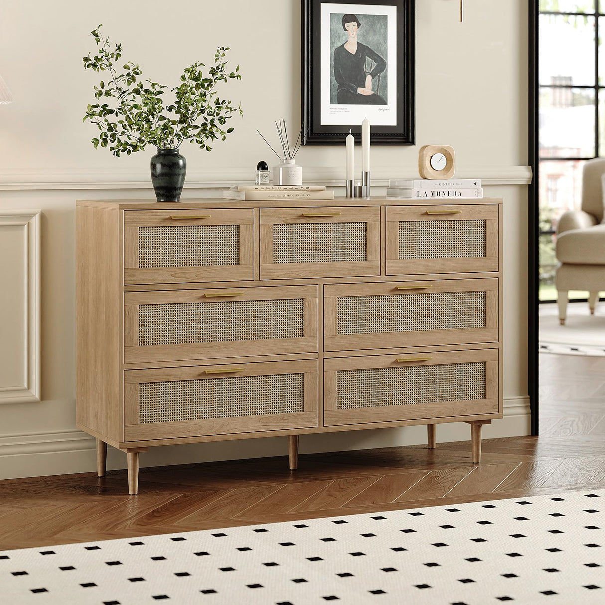 Trironsun Rattan Dresser for Bedroom 7 Drawer Wide Dresser Natural Boho Chest of Drawers Modern Wood Storage Dressers with Golden Handles for Living Room Closet Hallway Trironsun