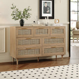 Trironsun Rattan Dresser for Bedroom 7 Drawer Wide Dresser Natural Boho Chest of Drawers Modern Wood Storage Dressers with Golden Handles for Living Room Closet Hallway Trironsun