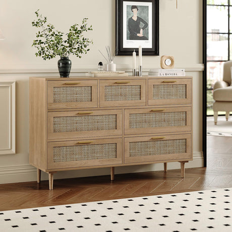 Trironsun Rattan Dresser for Bedroom 7 Drawer Wide Dresser Natural Boho Chest of Drawers Modern Wood Storage Dressers with Golden Handles for Living Room Closet Hallway Trironsun