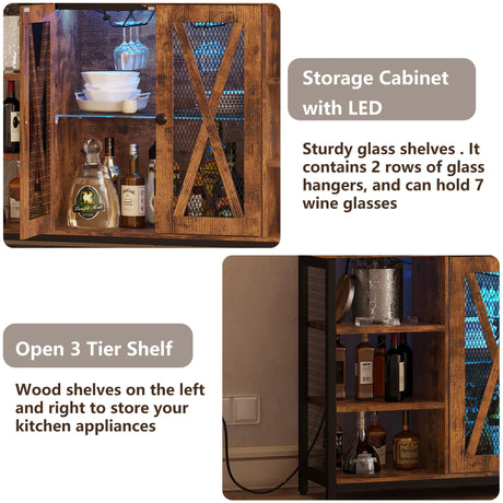 IRONCK Coffee Bar Cabinet with Power Outlet, Industrial Buffet Cabinet with LED Strip and Glass Holder, 3-Tiers Liquor Cabinet Bar for Home, Dining Room, Kitchen, Vintage Brown IRONCK