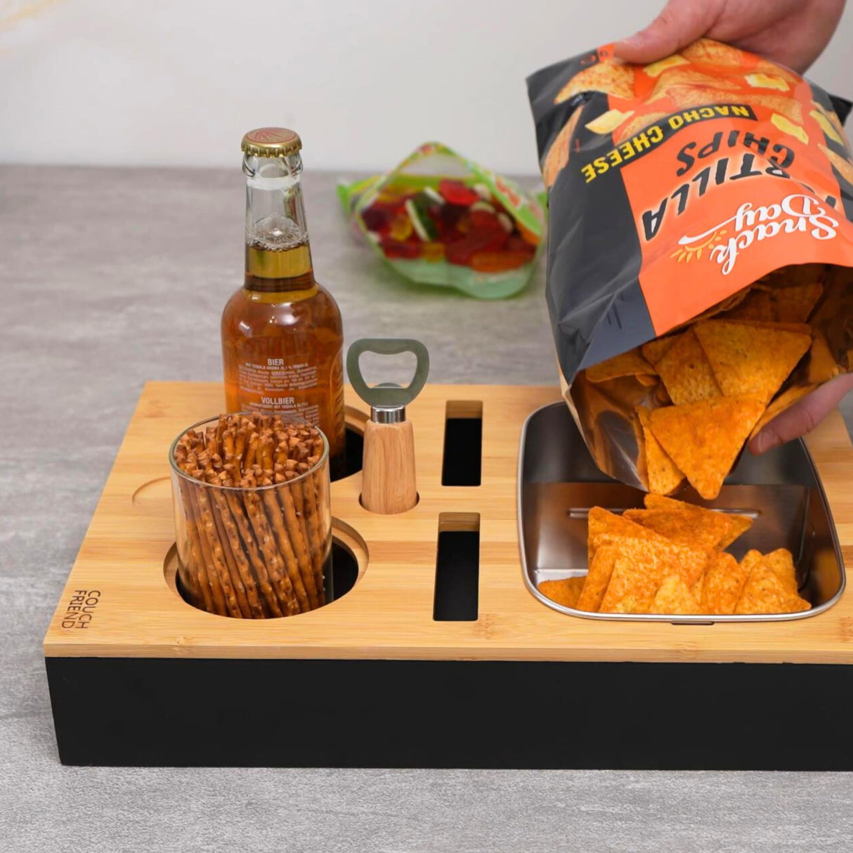 D&D Living® Couch Caddy - Bamboo Couch Console | Anti-Spill Drink and Cup Holder | Snack Organizer Tray for Sofa with Bottle Opener D&D Living