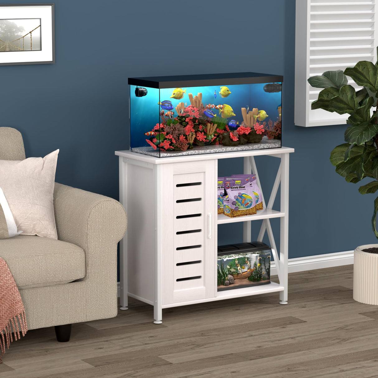 Herture 20-29 Gallon Fish Tank Stand, Aquarium Stand with Cabinet Accessories Storage, Heavy Duty Metal Frame, 31.49" L*15.74" W Tabletop, 330LBS Capacity,White PG07YGW Herture