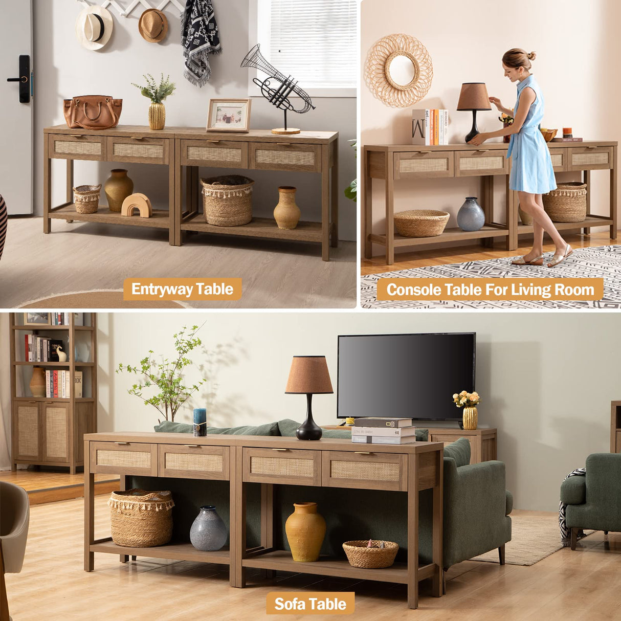 SICOTAS Console Table Set of 2 - Boho Entryway Table with Rattan Drawers, Rattan Console Table with 2 Tier Shelf, Narrow Long Sofa Tables for Living Room, Wood Entry Table for Hallway, Foyer SICOTAS