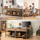 SICOTAS Console Table Set of 2 - Boho Entryway Table with Rattan Drawers, Rattan Console Table with 2 Tier Shelf, Narrow Long Sofa Tables for Living Room, Wood Entry Table for Hallway, Foyer SICOTAS