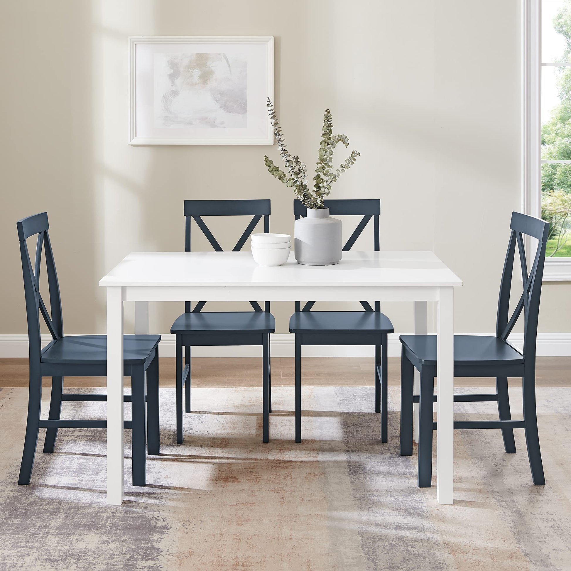 Walker Edison Bennet Bennett Farmhouse 5 Piece Table and X Back Chair Dining Set, Set of 5, Navy Blue - WoodArtSupply