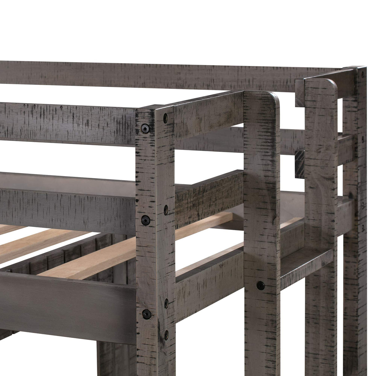 Okak House Antique Grey Twin Over Full Bunk Bed with Ladder and Safety Guardrails Okak